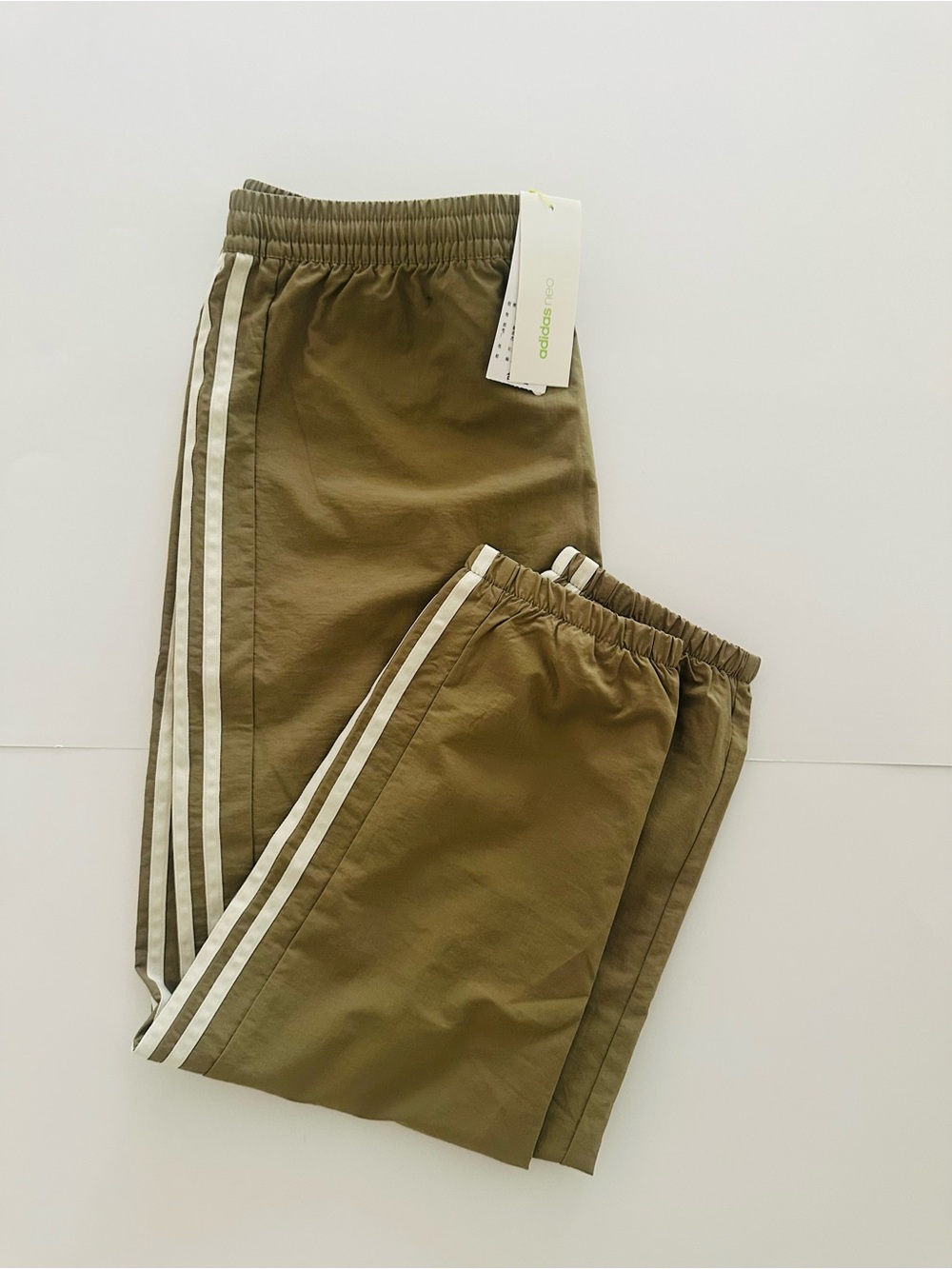 Adidas women’s Olive Track Joggers with White Side Stripes, New, size m (‘A/L’)